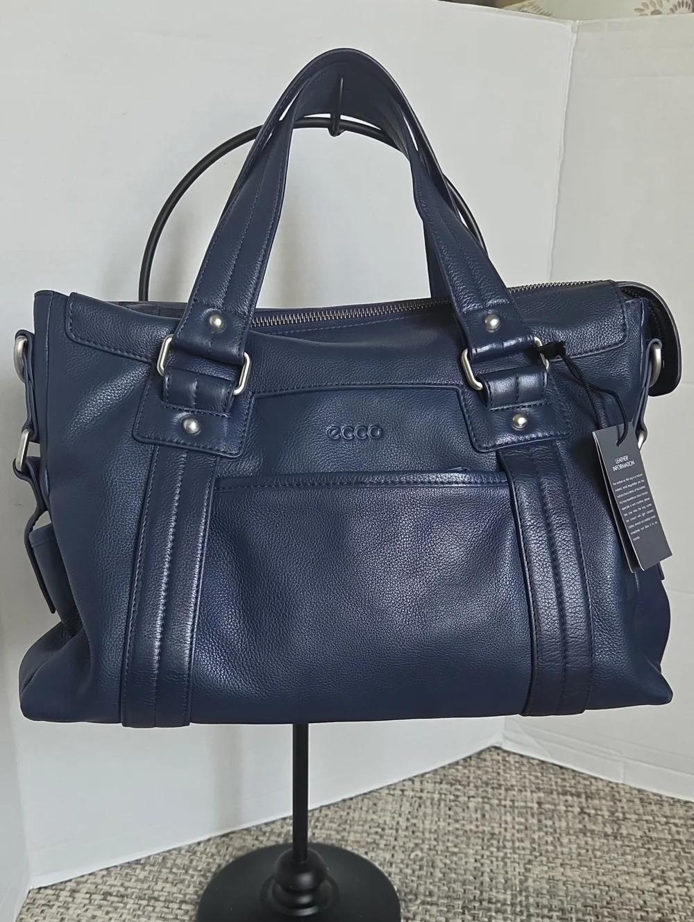 ECCO Navy Blue Hrained Leather Top-Handle Satchel Bag